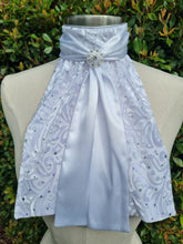 Load image into Gallery viewer, ERA Elle Pre-tied Stock Tie Plastron - White Satin Soft Ties Full Body Flock Georgette &amp; Brooch
