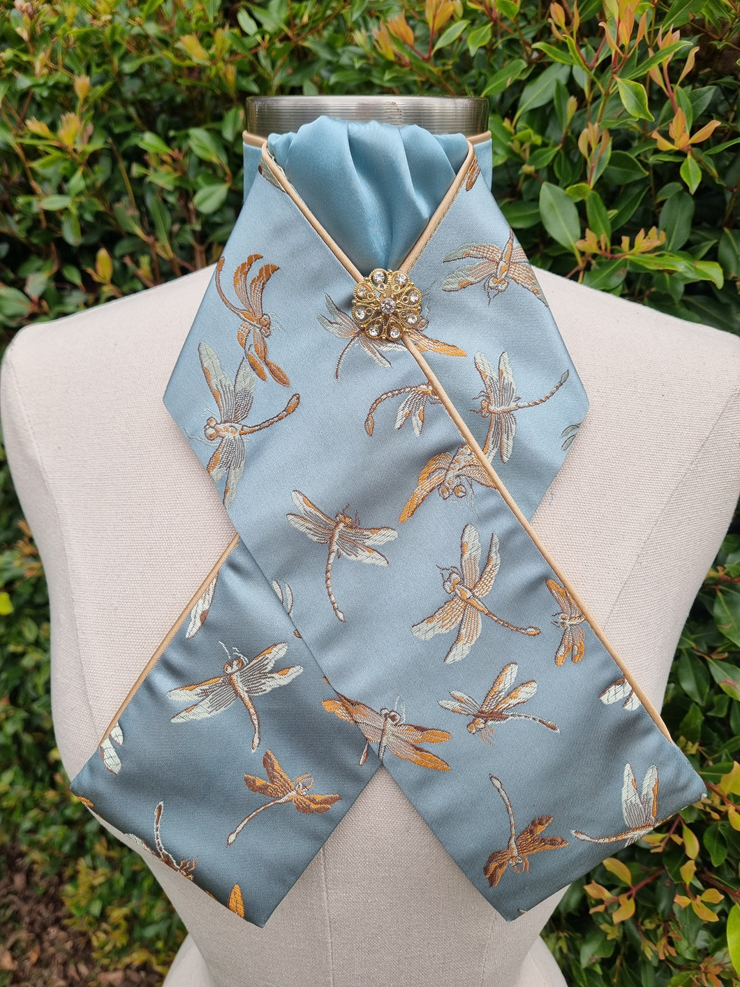 ERA Designer Collection - Pre-tied Stock Tie Plastron - Mint Oriental Brocade - Dragonflies