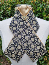 Load image into Gallery viewer, ERA Designer Collection - Pre-tied Stock Tie Plastron Black &amp; Gold Brocade - Lotus
