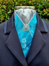 Load image into Gallery viewer, ERA Designer Collection - Pre-tied Stock Tie Plastron Turquoise Oriental Satin with Silver - Imperial
