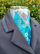 Load image into Gallery viewer, ERA Designer Collection - Pre-tied Stock Tie Plastron Turquoise Oriental Satin with Silver - Imperial

