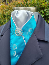 Load image into Gallery viewer, ERA Designer Collection - Pre-tied Stock Tie Plastron Turquoise Oriental Satin with Silver - Imperial

