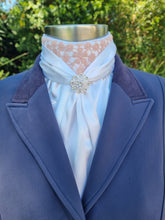 Load image into Gallery viewer, ERA Elle Pre-tied White Satin Stock Tie Plastron - Dusky Rose Lace &amp; Brooch - 3 options
