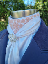 Load image into Gallery viewer, ERA Elle Pre-tied White Satin Stock Tie Plastron - Dusky Rose Lace &amp; Brooch - 3 options
