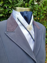 Load image into Gallery viewer, ERA RACHAEL STOCK TIE - White satin, navy centre, navy &amp; metallic silver piping &amp; brooch
