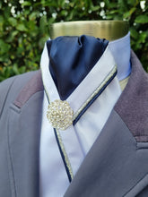 Load image into Gallery viewer, ERA RACHAEL STOCK TIE - White satin, navy centre, navy &amp; metallic silver piping &amp; brooch
