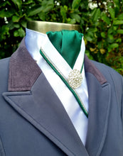 Load image into Gallery viewer, ERA RACHAEL STOCK TIE - White satin, Forest green, green &amp; metallic silver piping &amp; brooch

