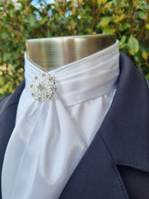 Load image into Gallery viewer, ERA EURO BELLE STOCK TIE - White lustre satin with white piping and brooch
