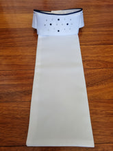 Load image into Gallery viewer, ERA Euro Katharina Pre-tied Stock Tie Plastron - Simone Pearce inspired - White Satin with navy piping &amp; Swarovski Crystals
