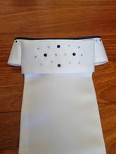 Load image into Gallery viewer, ERA Euro Katharina Pre-tied Stock Tie Plastron - Simone Pearce inspired - White Satin with navy piping &amp; Swarovski Crystals
