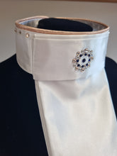 Load image into Gallery viewer, ERA Euro Katharina Pre-tied Stock Tie Plastron - White with rose gold piping &amp; Swarovski Crystals
