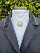 Load image into Gallery viewer, ERA ALEX STOCK TIE - White Waffle Weave poly/cotton with pleated centre &amp; brooch

