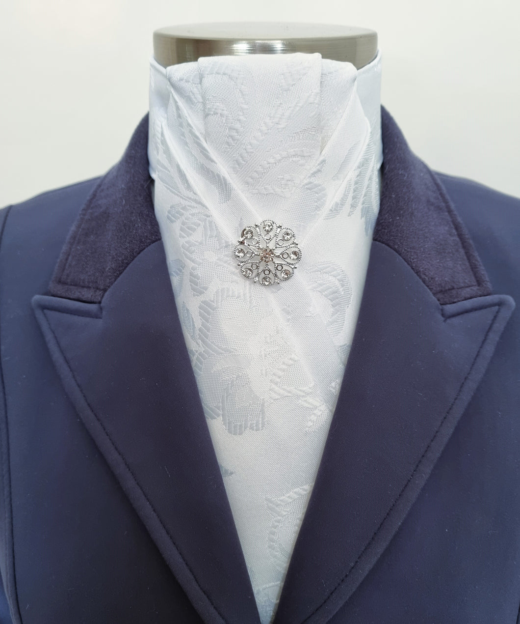 ERA ALEX Stock Tie - White brocade with pleated centre & crystal brooch