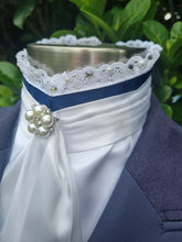 Load image into Gallery viewer, ERA EURO BELLE with PEARLS &amp; CRYSTALS Stock Tie - White lustre satin with Navy blue trim, lace frill, pearl &amp; crystal trim and brooch
