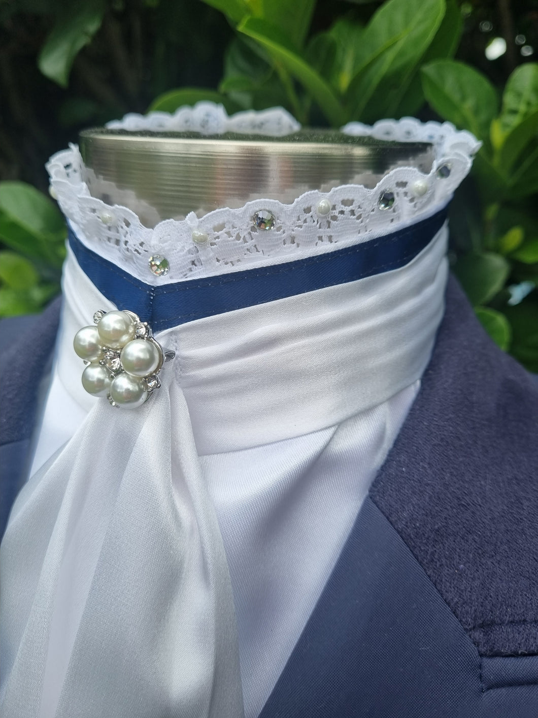 ERA EURO BELLE with PEARLS & CRYSTALS Stock Tie - White lustre satin with Navy blue trim, lace frill, pearl & crystal trim and brooch