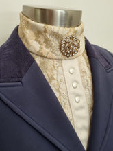 Load image into Gallery viewer, ERA Bib Front –CLEARANCE - Gold lace with ribbon &amp; lace trim and gold brooch
