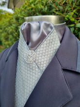 Load image into Gallery viewer, ERA Designer Collection Pre-tied Stock Tie - Silver diamond brocade with dark grey centre, silver metallic piping &amp; silver brooch
