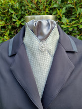 Load image into Gallery viewer, ERA Designer Collection Pre-tied Stock Tie - Silver diamond brocade with dark grey centre, silver metallic piping &amp; silver brooch
