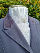 Load image into Gallery viewer, ERA Designer Collection Pre-tied Stock Tie - Silver diamond brocade, silver metallic piping &amp; silver brooch
