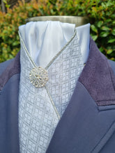 Load image into Gallery viewer, ERA Designer Collection Pre-tied Stock Tie - Silver diamond brocade, silver metallic piping &amp; silver brooch
