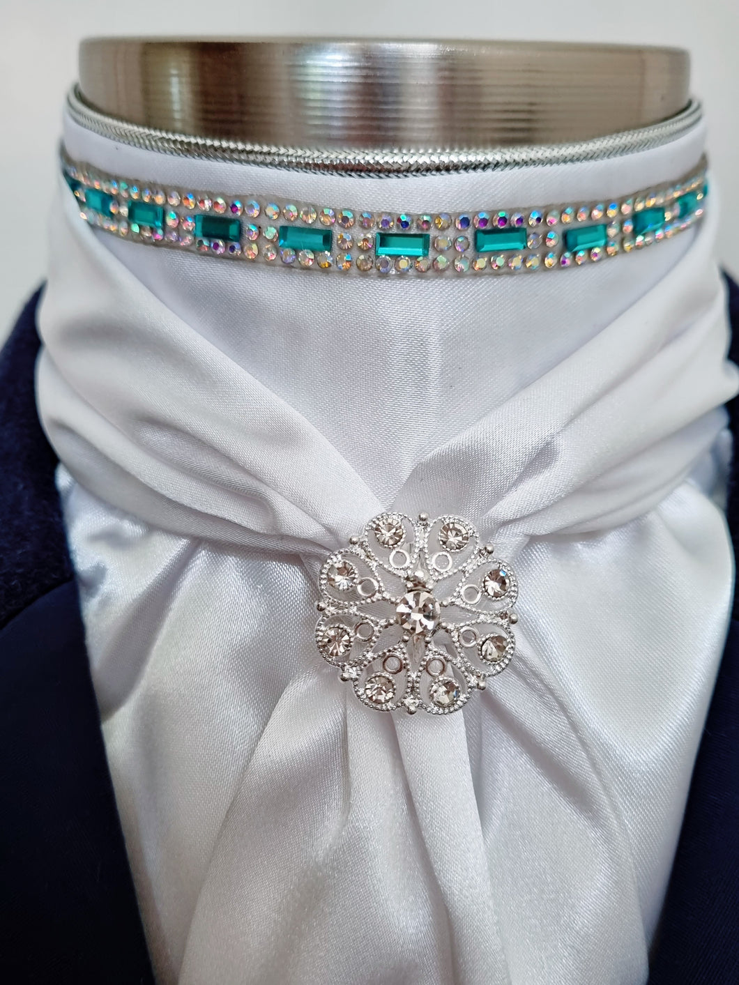 ERA Elle Stock Tie - Soft Ties with Aqua & clear crystal trim, piping and Brooch
