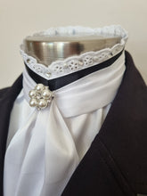 Load image into Gallery viewer, ERA EURO BELLE with PEARLS &amp; CRYSTALS Stock Tie - White lustre satin with Black trim, lace frill, pearl &amp; crystal trim and brooch
