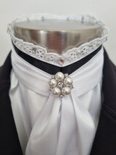 Load image into Gallery viewer, ERA EURO BELLE with PEARLS &amp; CRYSTALS Stock Tie - White lustre satin with Black trim, lace frill, pearl &amp; crystal trim and brooch
