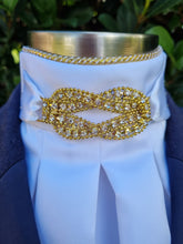 Load image into Gallery viewer, ERA Euro Eliza Stock Tie - CLEARANCE - White satin with gold crystal embellishment &amp; crystal detail
