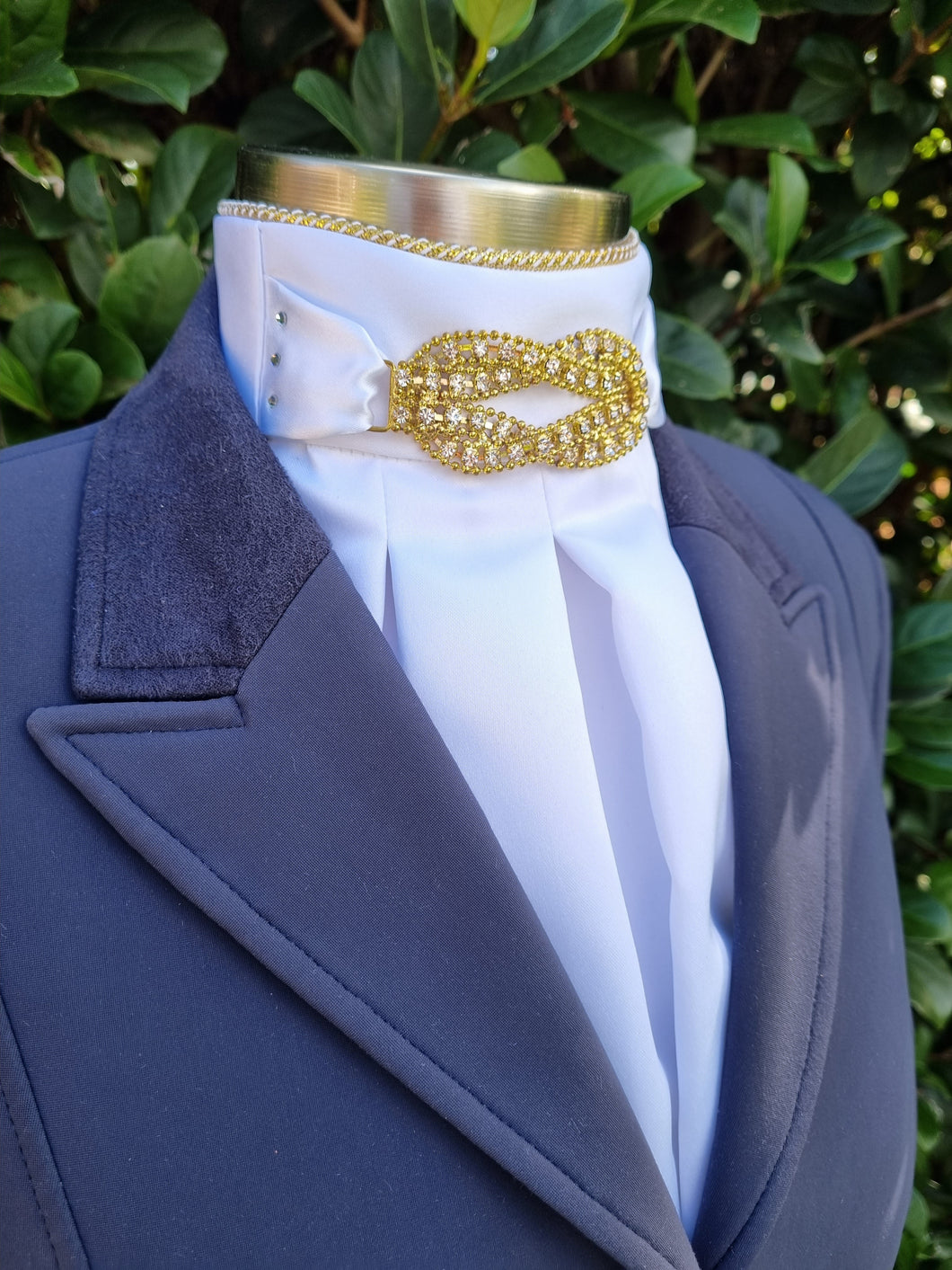 ERA Euro Eliza Stock Tie - CLEARANCE - White satin with gold crystal embellishment & crystal detail