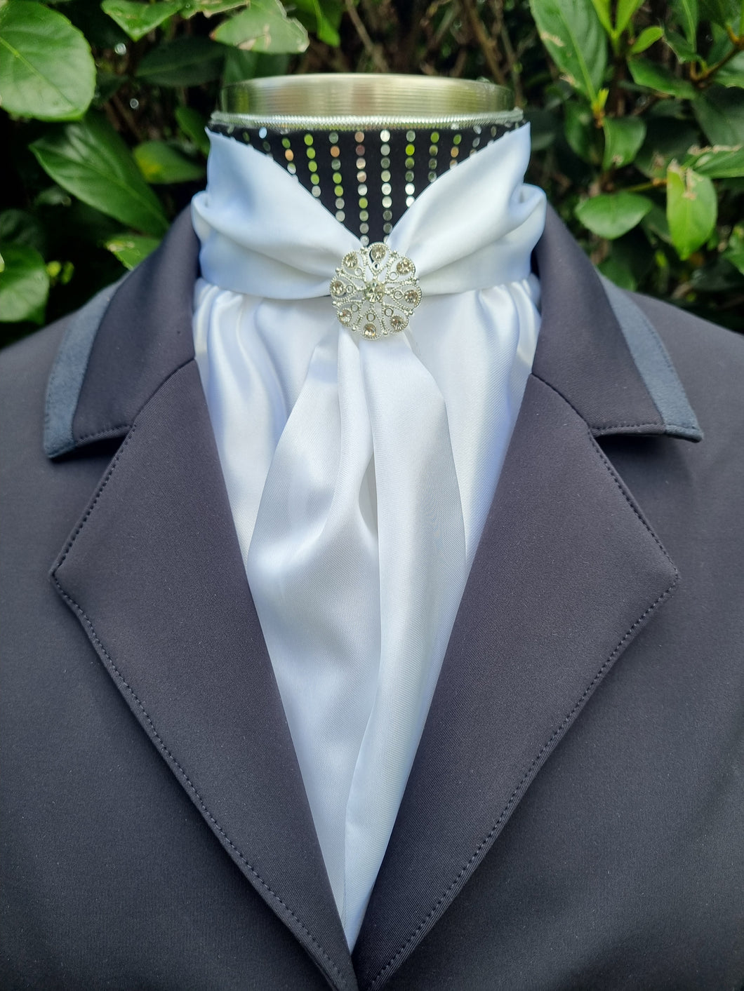 ERA ELLE Pre-tied Stock Tie - White satin with black silver spots, silver metallic piping, gold spot Centre and silver brooch