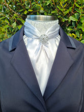 Load image into Gallery viewer, ERA Elle Stock Tie - Soft Ties with white lace and silver thread, silver piping and Brooch
