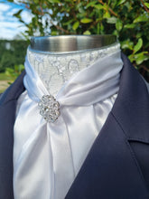 Load image into Gallery viewer, ERA Elle Stock Tie - Soft Ties with white lace and silver thread, silver piping and Brooch
