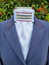 Load image into Gallery viewer, ERA Euro Lyndal Regal Stock tie - White Satin with burgundy, black piping and Crystal &amp; Navy Trim
