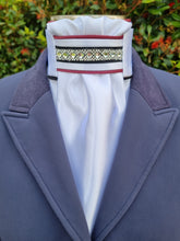Load image into Gallery viewer, ERA Euro Lyndal Regal Stock tie - White Satin with burgundy, black piping and Crystal &amp; Navy Trim

