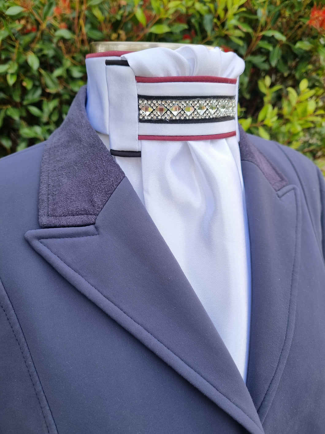 ERA Euro Lyndal Regal Stock tie - White Satin with burgundy, black piping and Crystal & Navy Trim