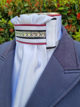 Load image into Gallery viewer, ERA Euro Lyndal Regal Stock tie - White Satin with burgundy, black piping and Crystal &amp; Navy Trim
