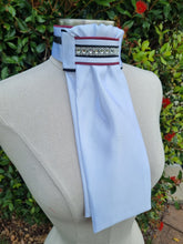 Load image into Gallery viewer, ERA Euro Lyndal Regal Stock tie - White Satin with burgundy, black piping and Crystal &amp; Navy Trim
