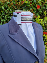 Load image into Gallery viewer, ERA Euro Lyndal Regal Stock tie - White Satin with burgundy, black piping and Crystal &amp; Navy Trim
