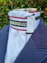 Load image into Gallery viewer, ERA Euro Lyndal Regal Stock tie - White Satin with burgundy, black piping and Crystal &amp; Navy Trim
