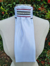 Load image into Gallery viewer, ERA Euro Lyndal Regal Stock tie - White Satin with burgundy, black piping and Crystal &amp; Navy Trim
