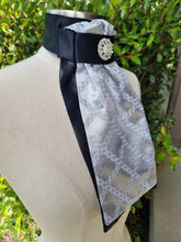 Load image into Gallery viewer, ERA Euro Lyndal Stock Tie - Black satin and silver embroidered satin with brooch
