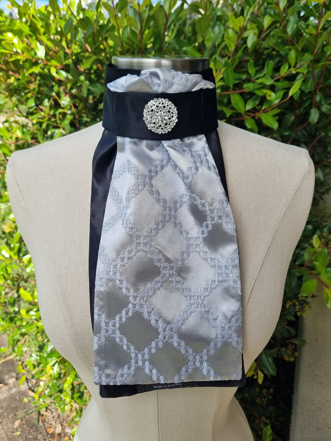 ERA Euro Lyndal Stock Tie - Black satin and silver embroidered satin with brooch
