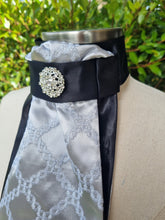 Load image into Gallery viewer, ERA Euro Lyndal Stock Tie - Black satin and silver embroidered satin with brooch
