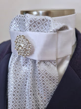 Load image into Gallery viewer, ERA EURO LYNDAL Stock Tie - White satin and silver brocade with brooch
