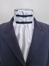 Load image into Gallery viewer, ERA EURO AMORE&#39; STOCK TIE – White satin, navy centre with white &amp; silver ribbon trim &amp; silver crystal ring
