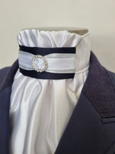 Load image into Gallery viewer, ERA EURO AMORE&#39; STOCK TIE – White satin, navy centre with white &amp; silver ribbon trim &amp; silver crystal ring
