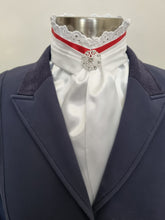 Load image into Gallery viewer, EURO BELLE STOCK TIE - White lustre satin with Red ribbon &amp; lace trim and brooch
