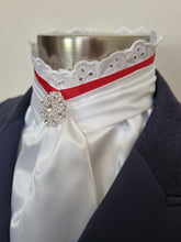 Load image into Gallery viewer, EURO BELLE STOCK TIE - White lustre satin with Red ribbon &amp; lace trim and brooch

