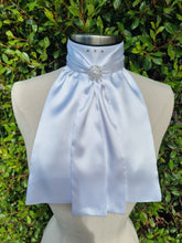 Load image into Gallery viewer, ERA ELLE STOCK TIE - White satin Soft Ties with navy or black piping, crystals &amp; brooch
