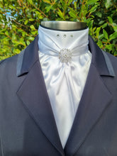 Load image into Gallery viewer, ERA ELLE STOCK TIE - White satin Soft Ties with navy or black piping, crystals &amp; brooch

